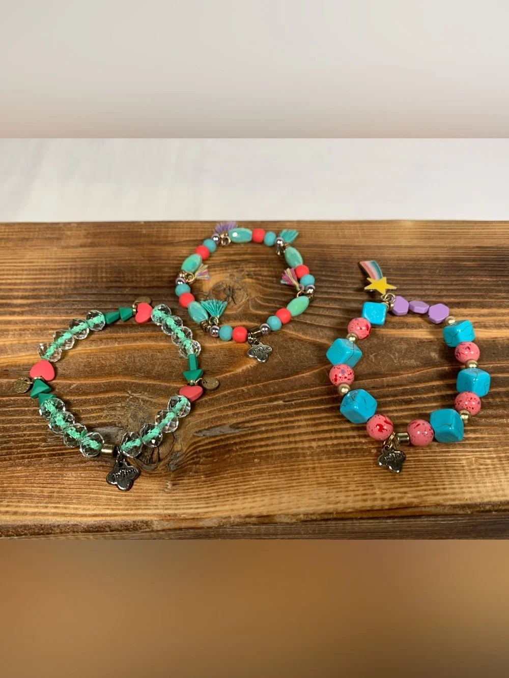 Jem Jams set of 3 Stackable Stretch Bracelet Turquoise Coral Silver Tone